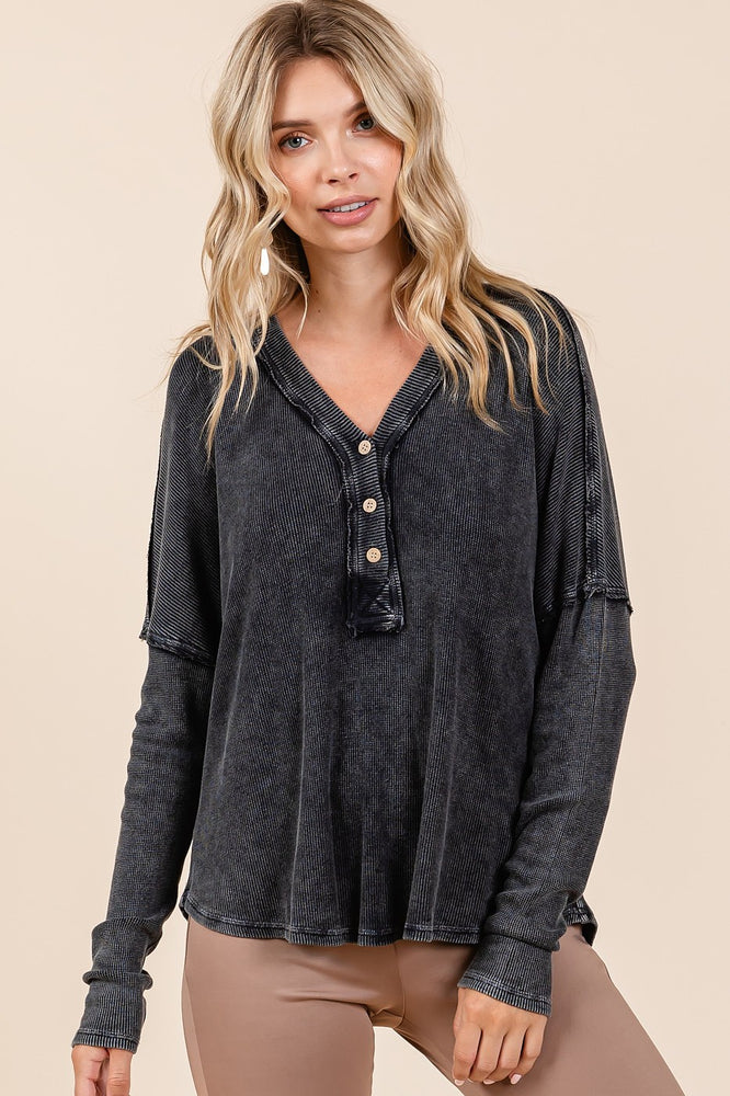 
                      
                        Washed V-Neck Long Sleeve Blouse
                      
                    