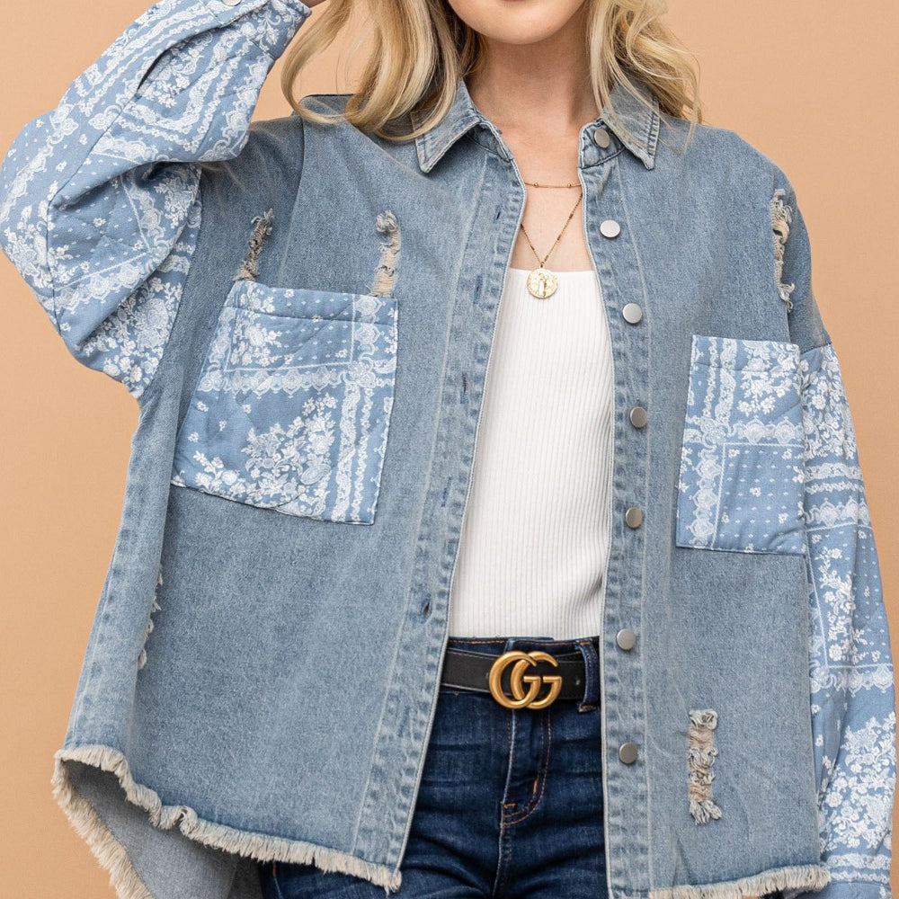 Paisley Print Quilted Sleeves Denim Jacket