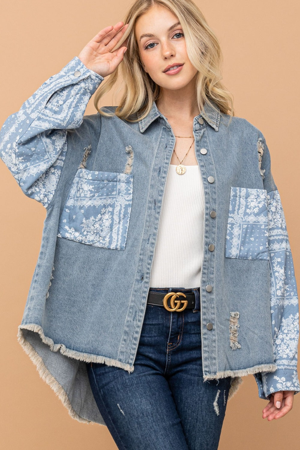 Paisley Print Quilted Sleeves Denim Jacket