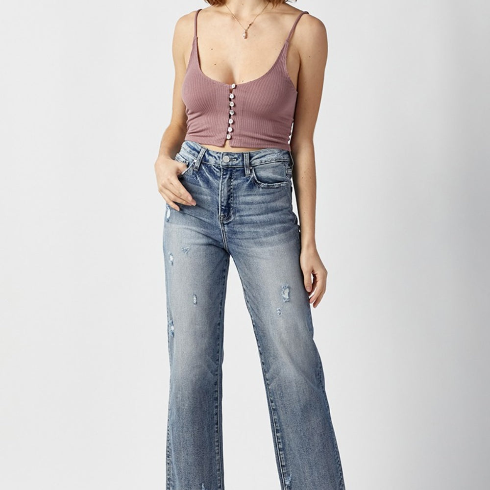 
                      
                        RISEN High Waist Raw Hem Straight Jeans
                      
                    