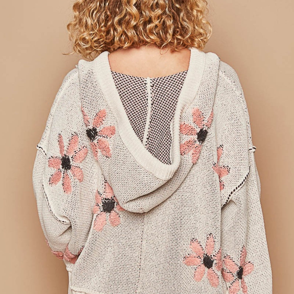 Floral Pattern Hooded High-Low Sweater