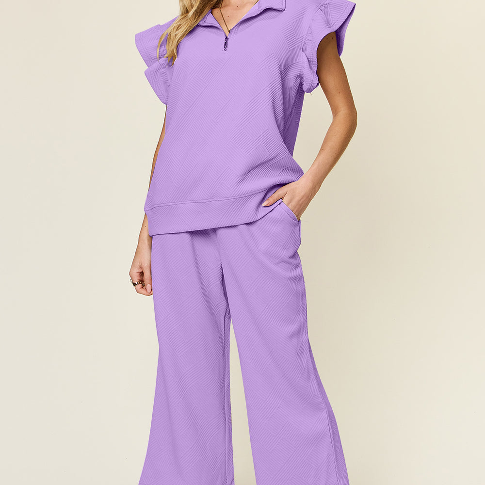 
                      
                        Texture Ruffle Short Sleeve Top and Drawstring Wide Leg Pants Set
                      
                    