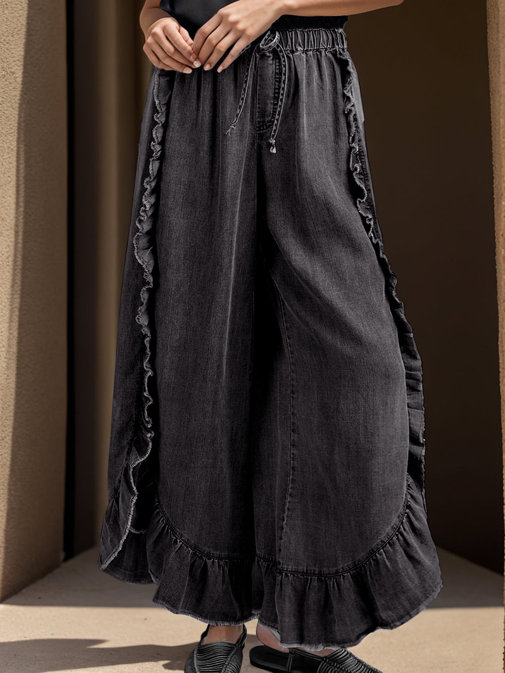 Drawstring Ruffled Wide Leg Pants