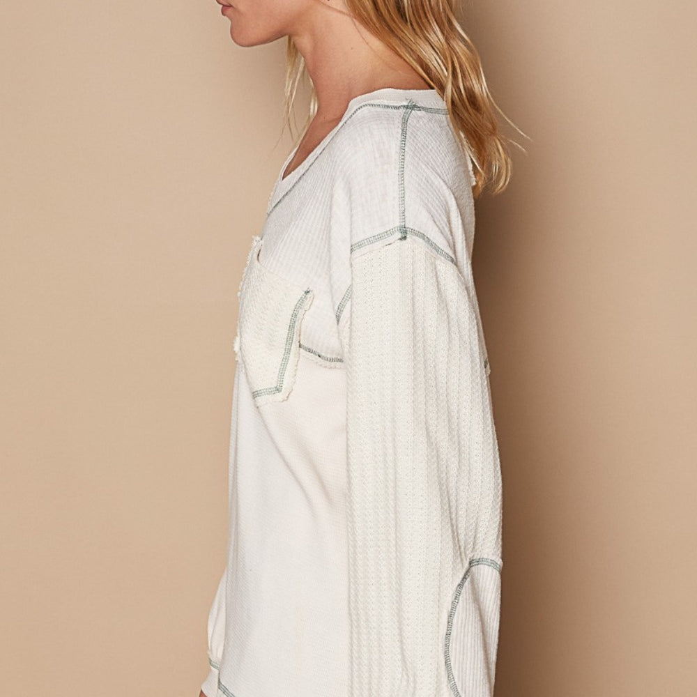 V-Neck knit Panel Exposed Seam Top