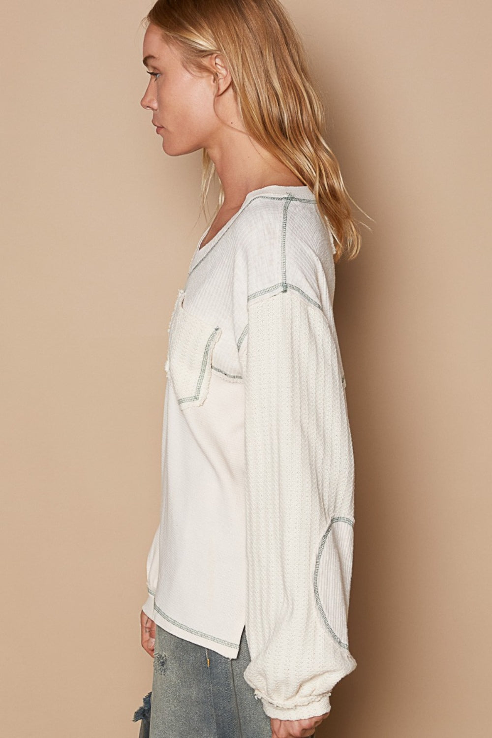 V-Neck knit Panel Exposed Seam Top