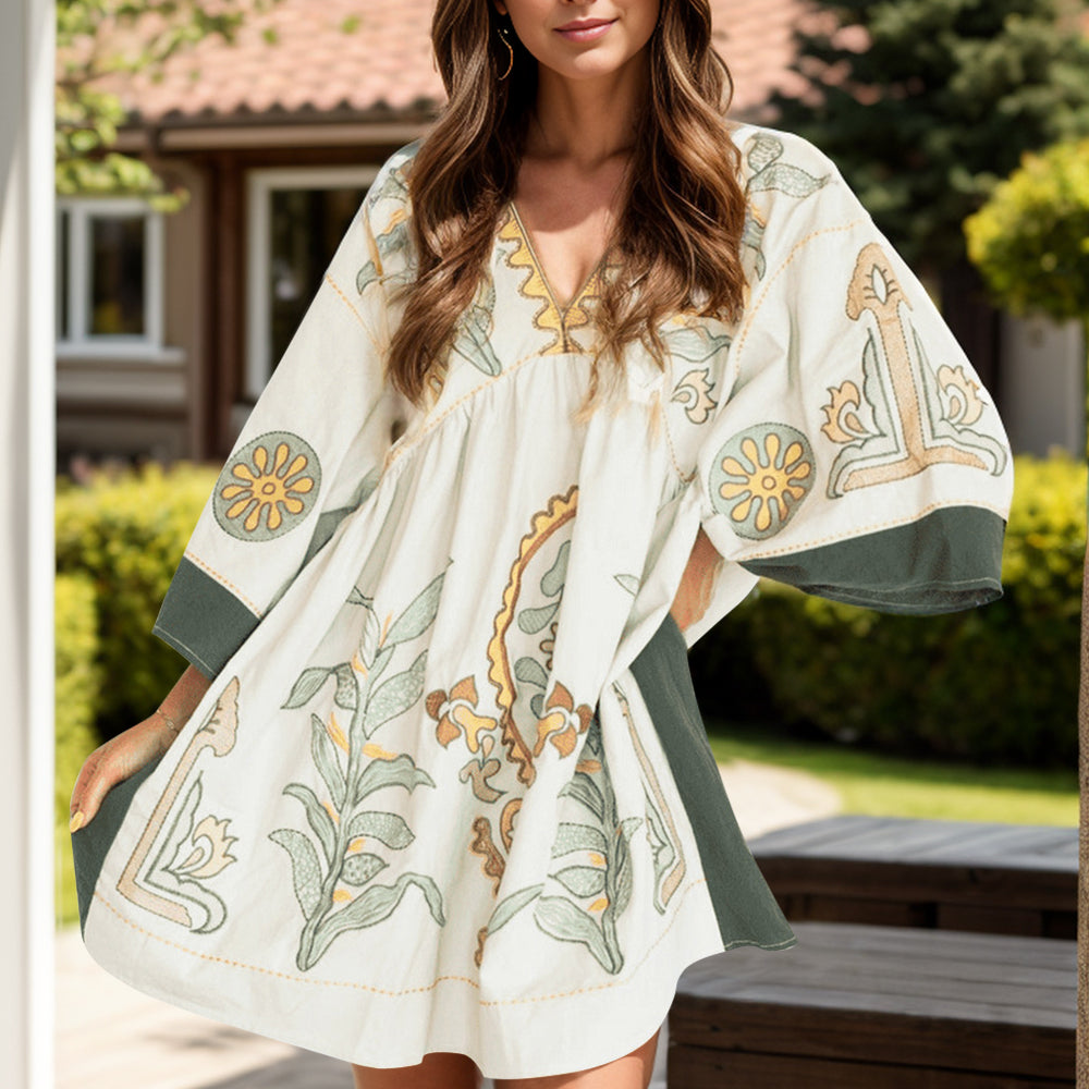 
                      
                        Printed V-Neck Three-Quarter Sleeve Mini Dress
                      
                    