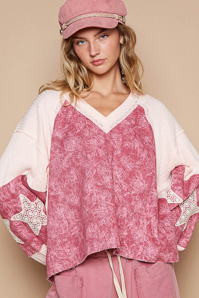 
                      
                        Lace Detail Floral Pattern V Neck Top
                      
                    