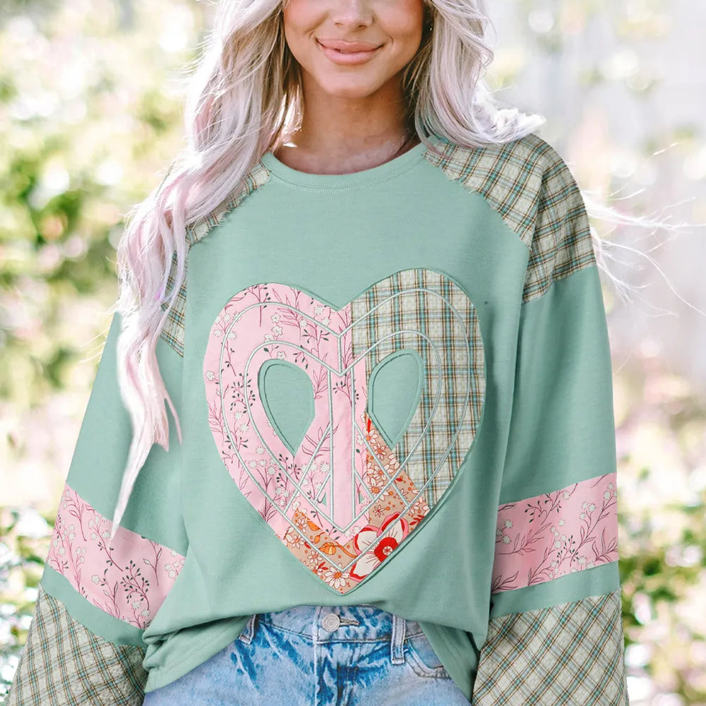 
                      
                        Heart Plaid Round Neck Long Sleeve Blouse
                      
                    