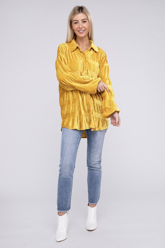 
                      
                        Wrinkle Effect Tiered Shirring Velvet Shirt
                      
                    