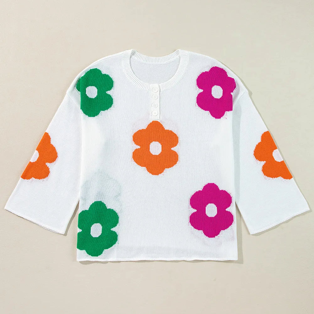 
                      
                        Flower Round Neck Quarter Button Knit Top
                      
                    