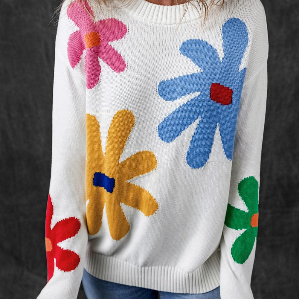 Flower Round Neck Dropped Shoulder Sweater