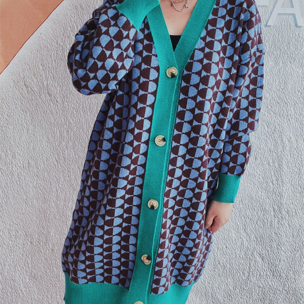 
                      
                        Contrast Trim Geometric Button Down Cardigan
                      
                    