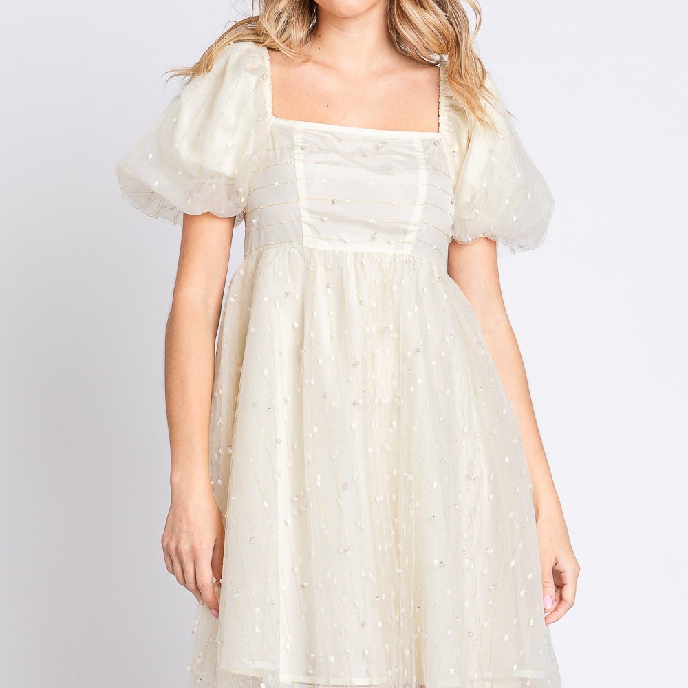 
                      
                        Pearl Mesh Puff Sleeve Babydoll Dress
                      
                    