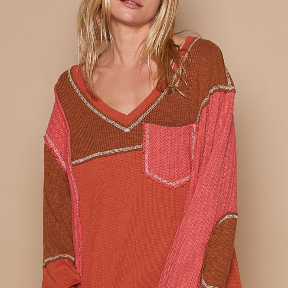 V-Neck Knit Panel Exposed Seam Top