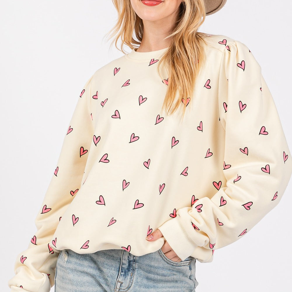 Heart Printed Contrast Long Sleeve Sweatshirt