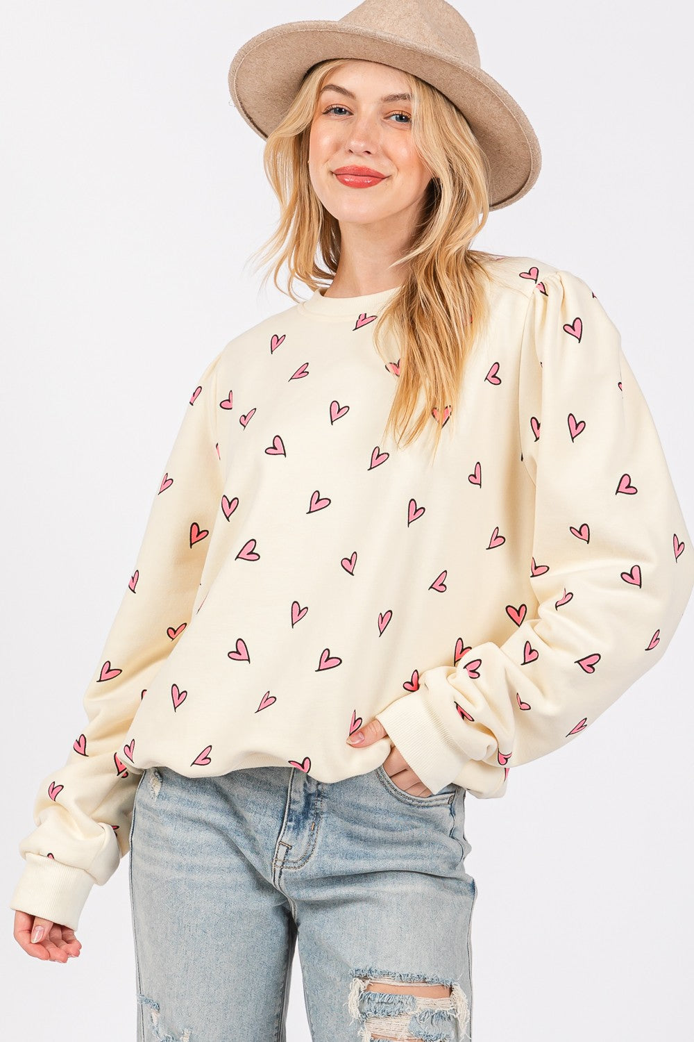 Heart Printed Contrast Long Sleeve Sweatshirt