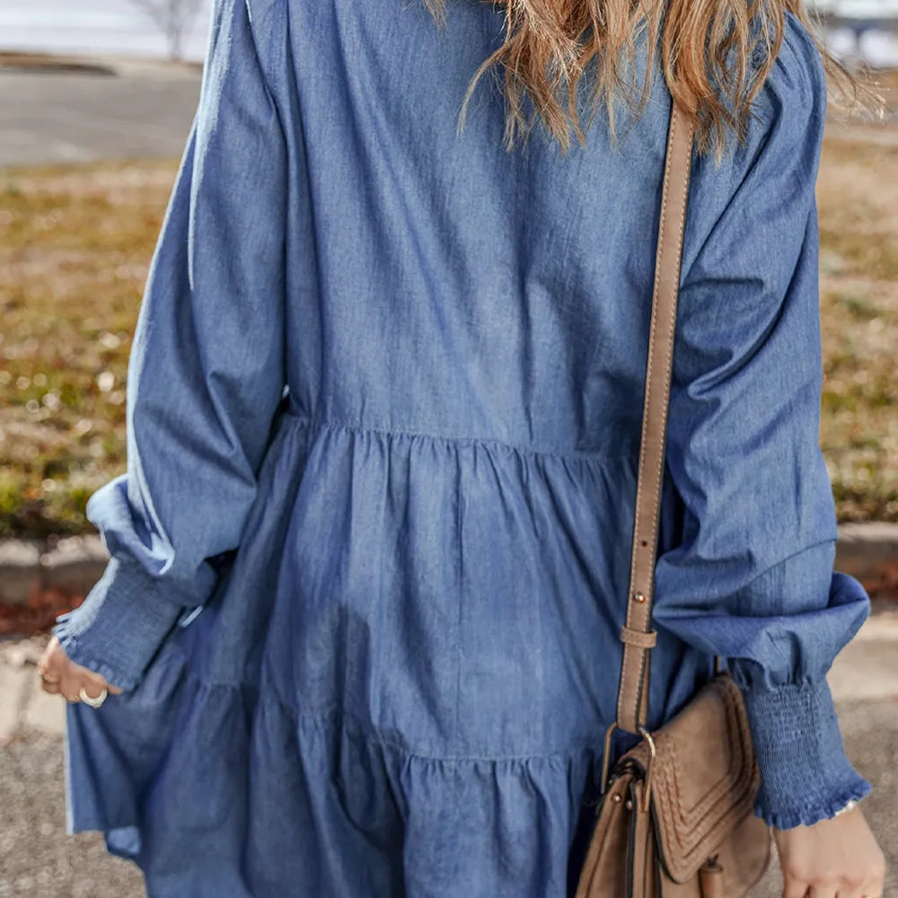 Tiered Johnny Collar Long Sleeve Denim Dress