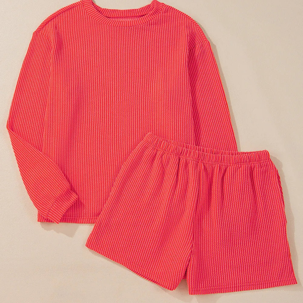 
                      
                        Round Neck Long Sleeve Top and Shorts Set
                      
                    