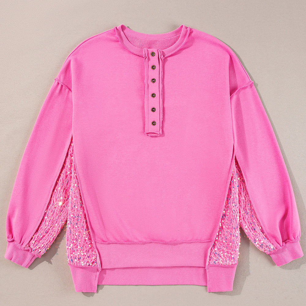 Sequin Half Button Long Sleeve Sweatshirt