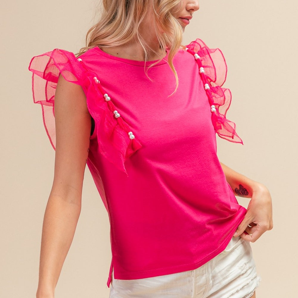 
                      
                        Pearl Decor Mesh Ruffle Sleeve Top
                      
                    