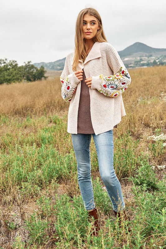 
                      
                        Crochet Floral Printed Long Sleeve Knit Cardigan
                      
                    