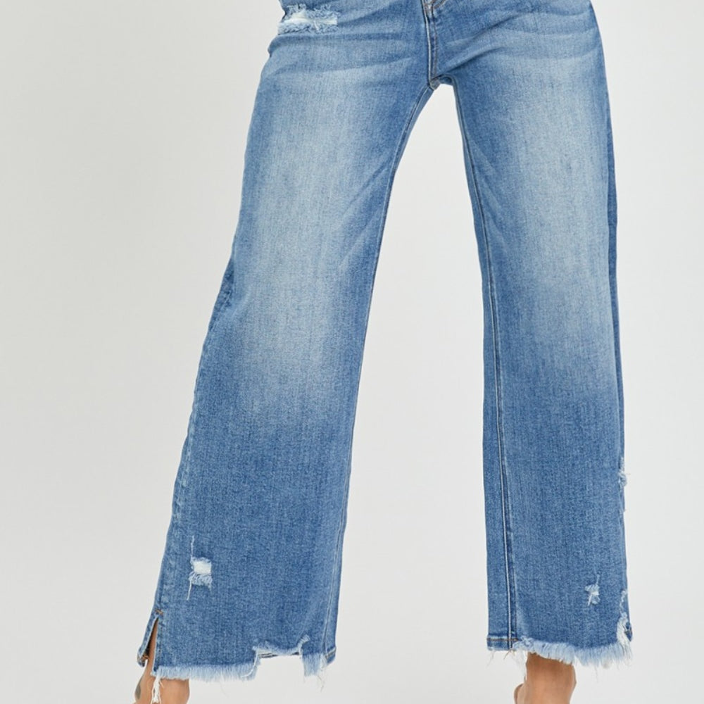 Risen High Rise Side Slit Raw Hem Cropped Jeans