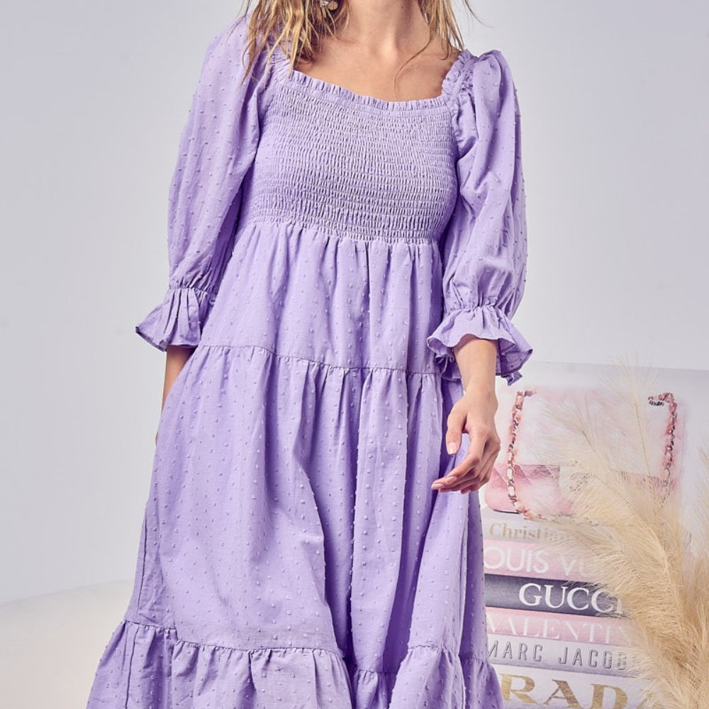 
                      
                        Swiss Dot Flounce Sleeve Smocked Tiered Midi Dress
                      
                    