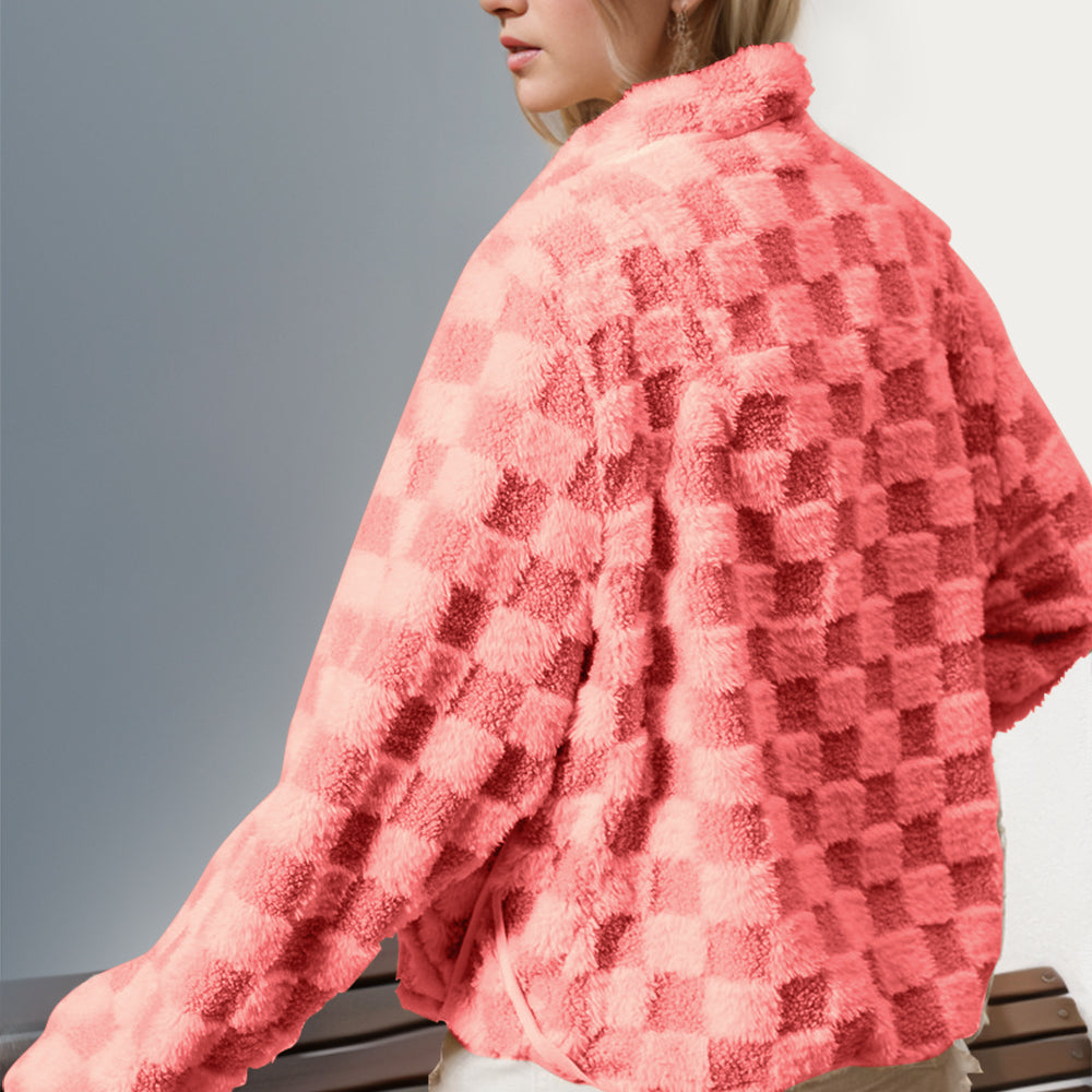 Checkered Long Sleeve Fuzzy Jacket