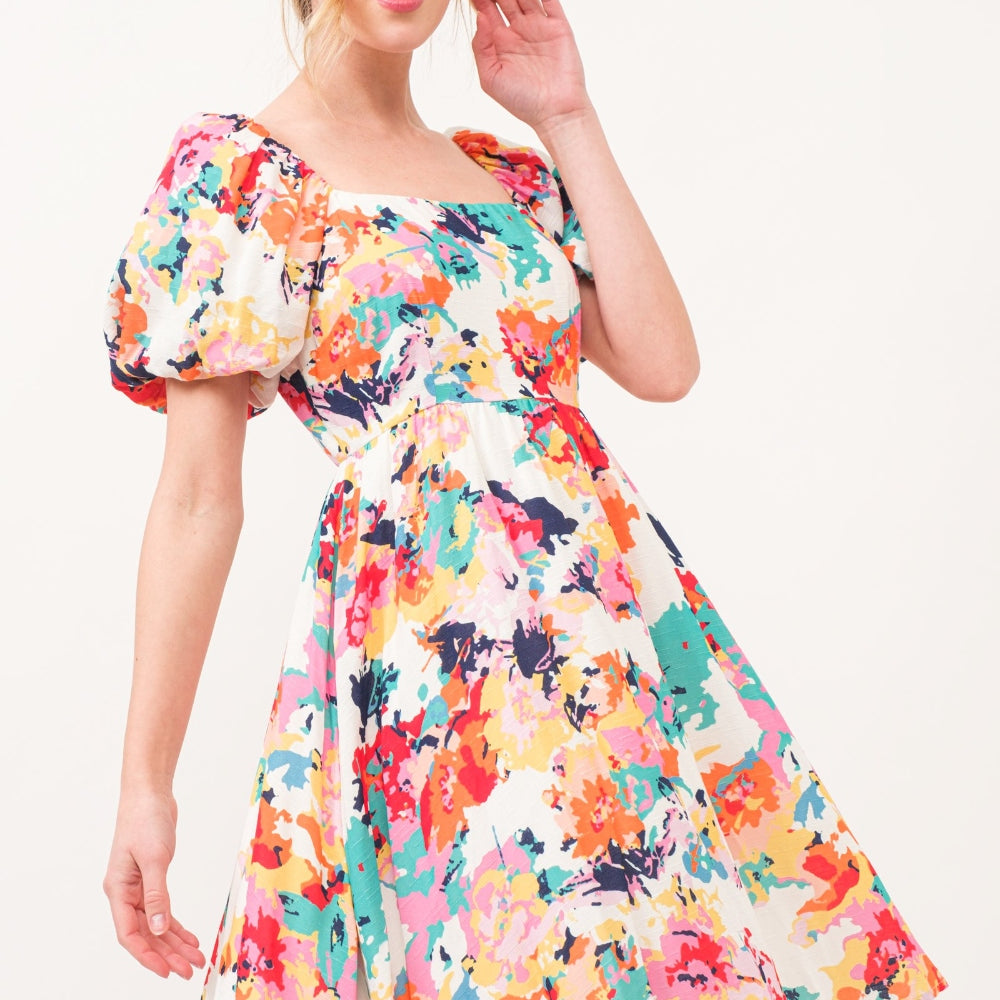 Square Neck Puff Sleeve Floral Dress