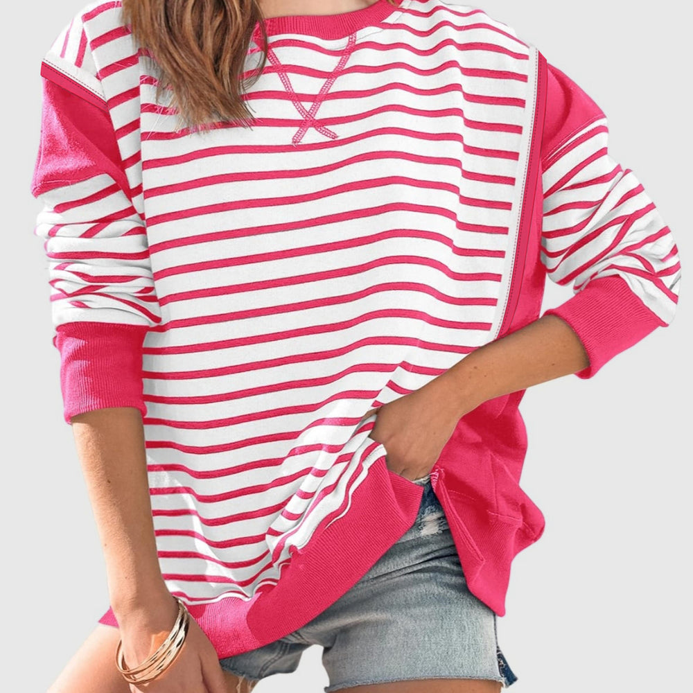 
                      
                        Slit Exposed Seam Striped Long Sleeve Sweatshirt
                      
                    