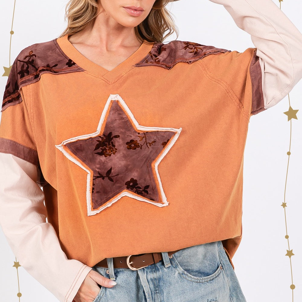 
                      
                        Star Patch Long Sleeve Color Block T-Shirt
                      
                    