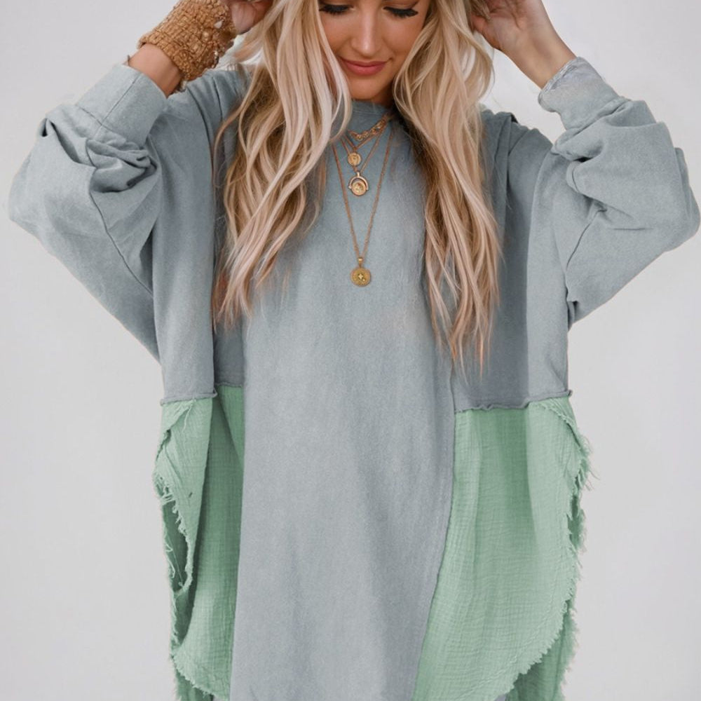 
                      
                        Contrast Texture Round Neck Long Sleeve Blouse
                      
                    