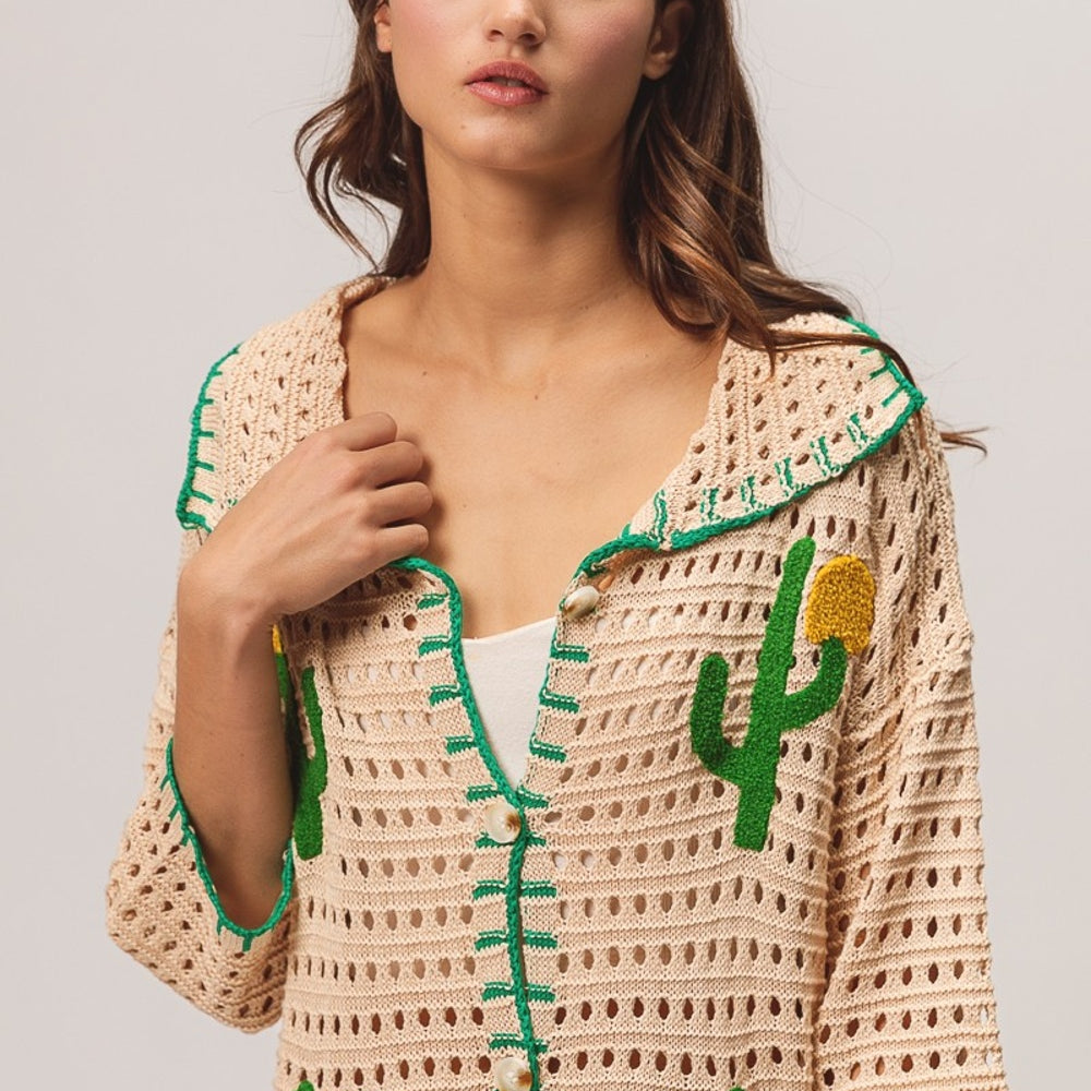 
                      
                        Edge Stitched Cactus Patch Sweater Cardigan
                      
                    