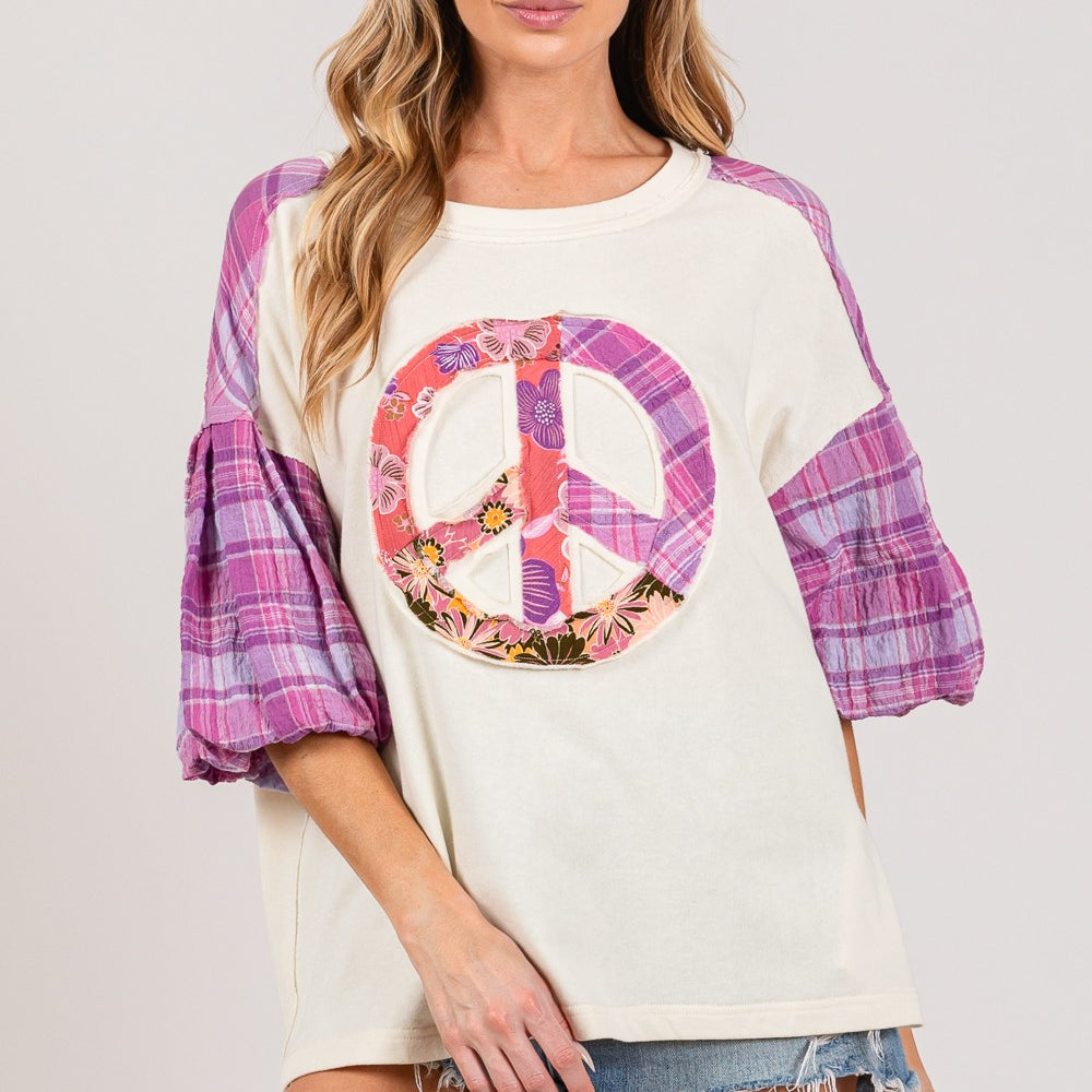 
                      
                        Peace Applique Patch with Plaid Contrast Top
                      
                    