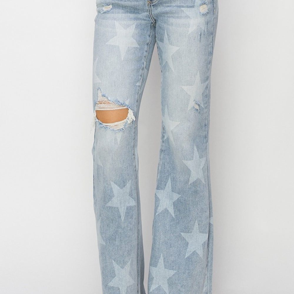 
                      
                        RISEN Mid Rise Button Fly Start Print Flare Jeans
                      
                    