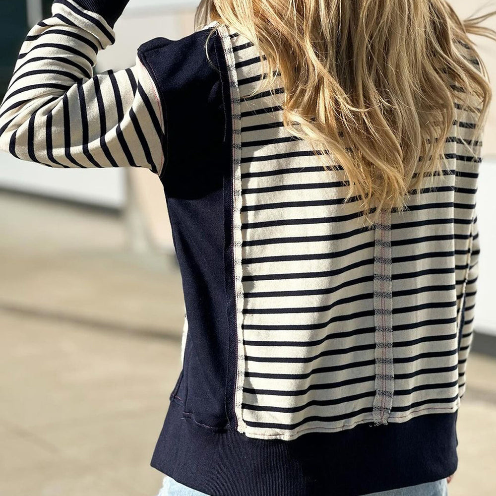 Slit Exposed Seam Striped Long Sleeve Sweatshirt