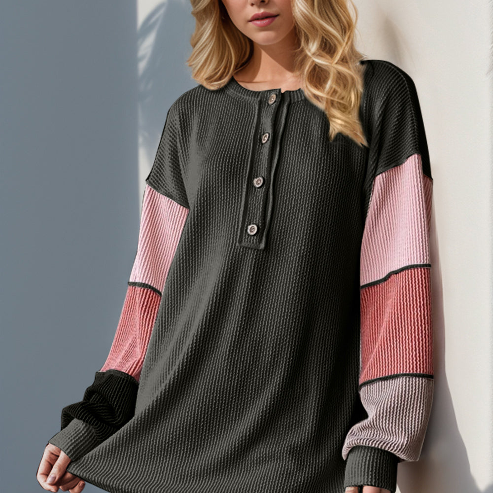 Color Block Round Neck Long Sleeve T-Shirt