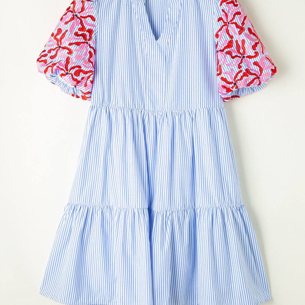 
                      
                        Embroidered Striped Notched Short Sleeve Dress
                      
                    