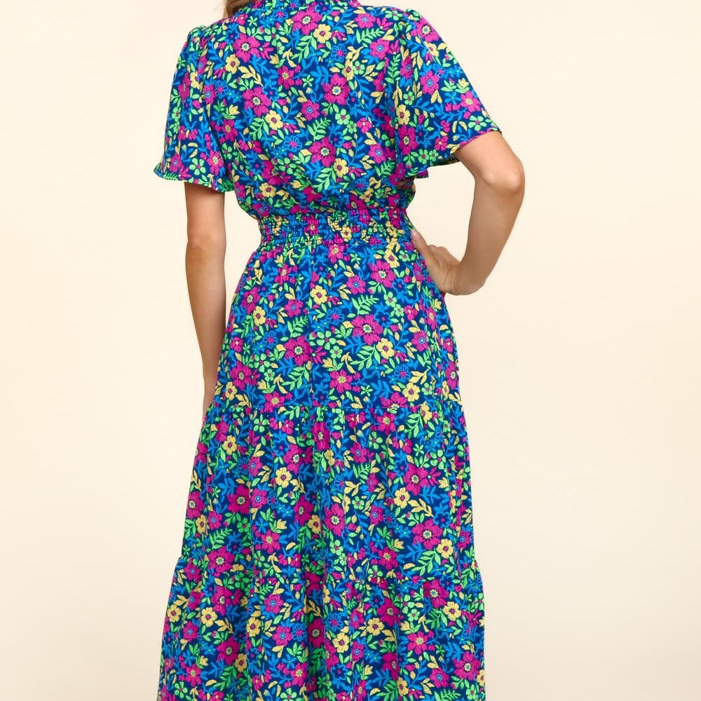 Printed Notched Short Sleeve Dress with Pockets