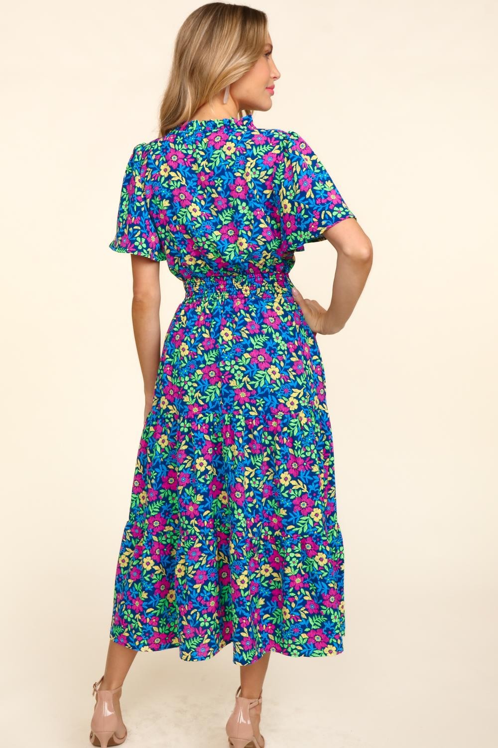 Printed Notched Short Sleeve Dress with Pockets