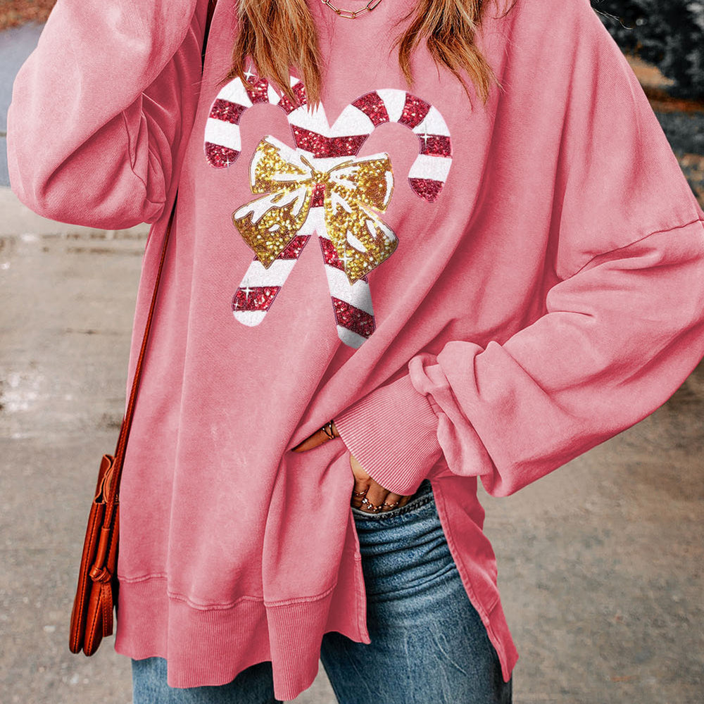 
                      
                        Sequin Candy Cane Round Neck Slit Sweatshirt
                      
                    