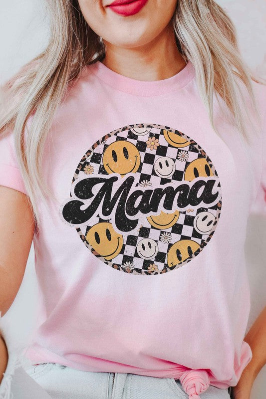 
                      
                        CHECKERED HAPPY FACE MAMA Graphic T-Shirt
                      
                    