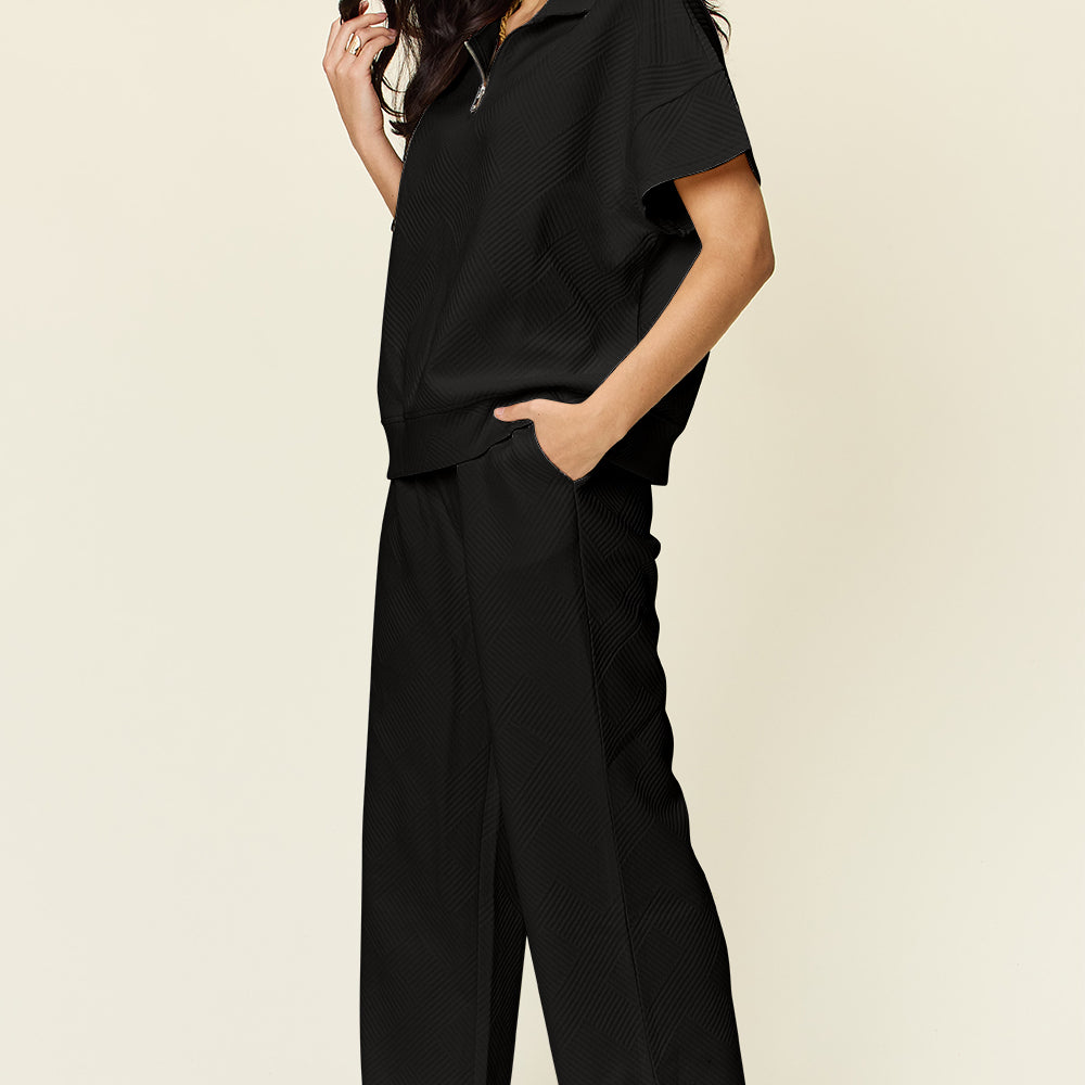 
                      
                        Texture Half Zip Short Sleeve Top and Pants Set
                      
                    