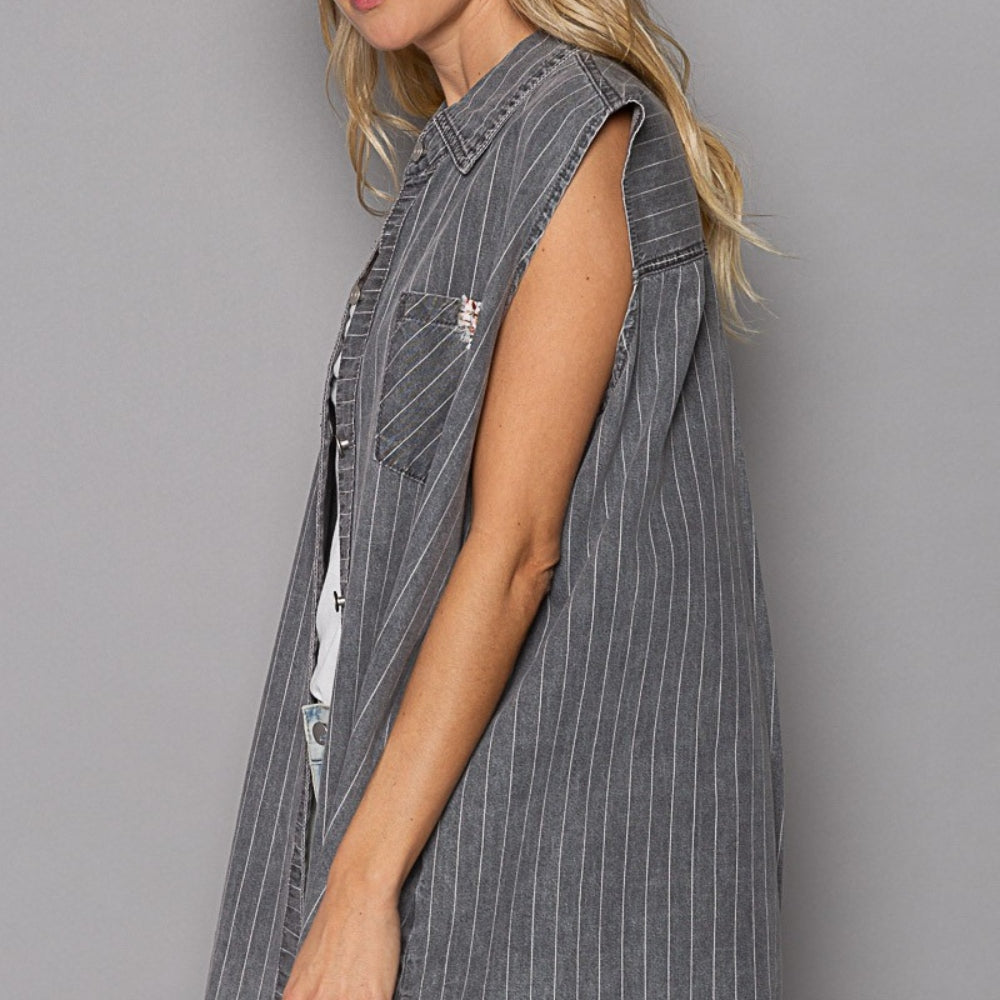 
                      
                        Button Down Sleeveless Striped Denim Shirt
                      
                    