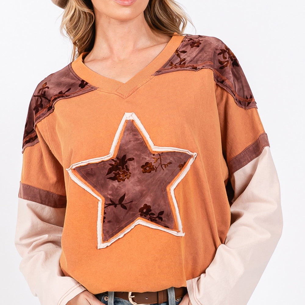 Star Patch Long Sleeve Color Block T-Shirt