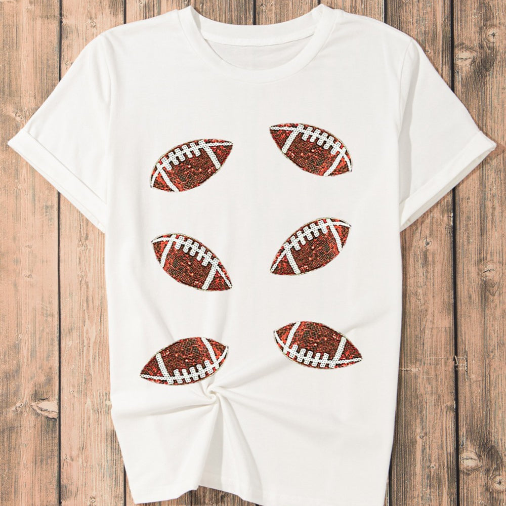 
                      
                        Sequin Football Round Neck Short Sleeve T-Shirt
                      
                    