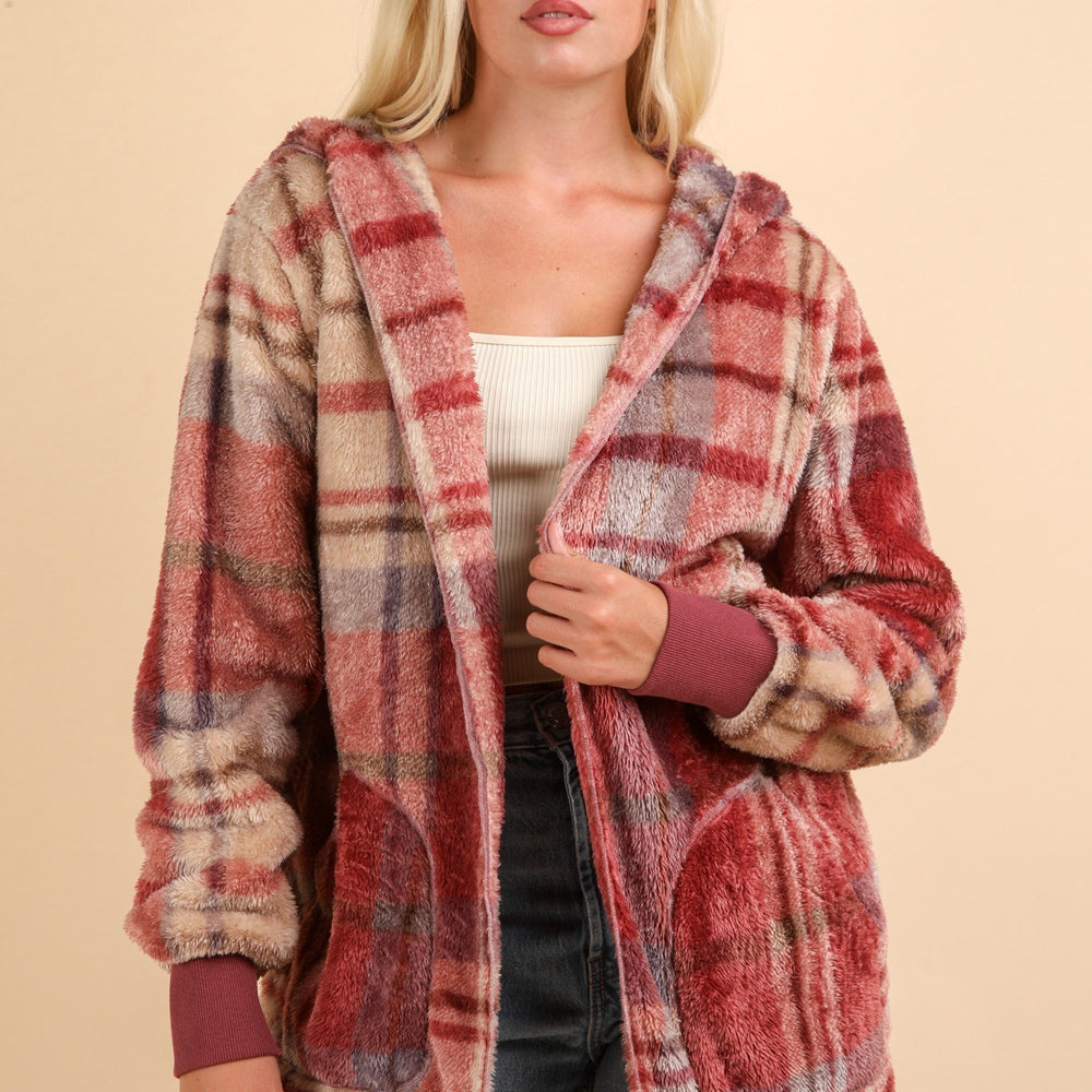 Fuzzy Plaid Long Sleeve Hooded Jacket