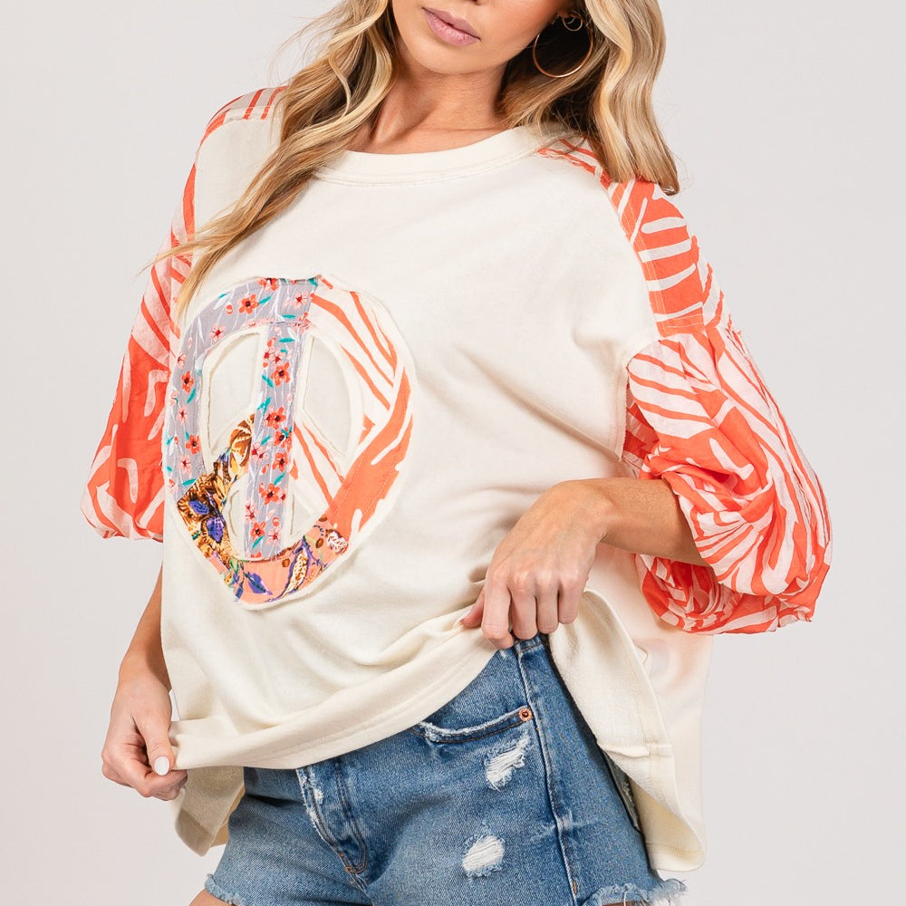 
                      
                        Peace Applique Patch with Zebra Print Contrast Top
                      
                    