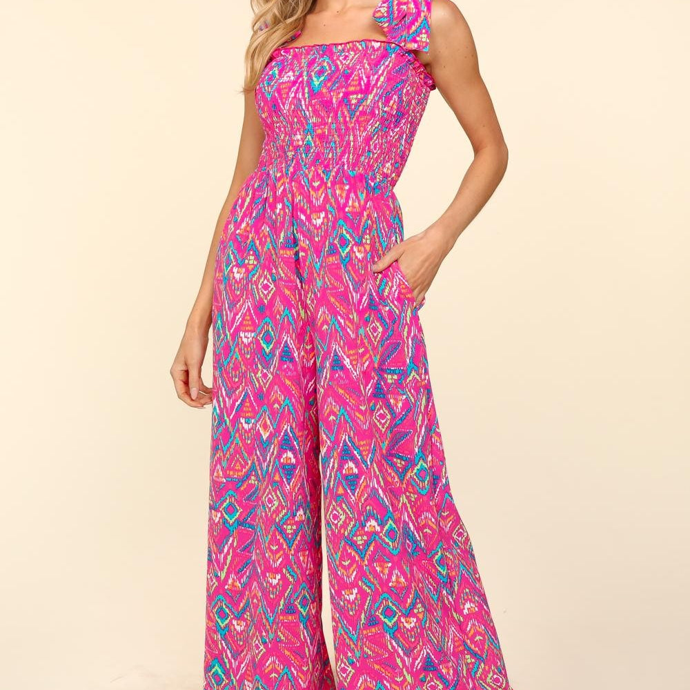 Printed Smocked Sleeveless Jumpsuit