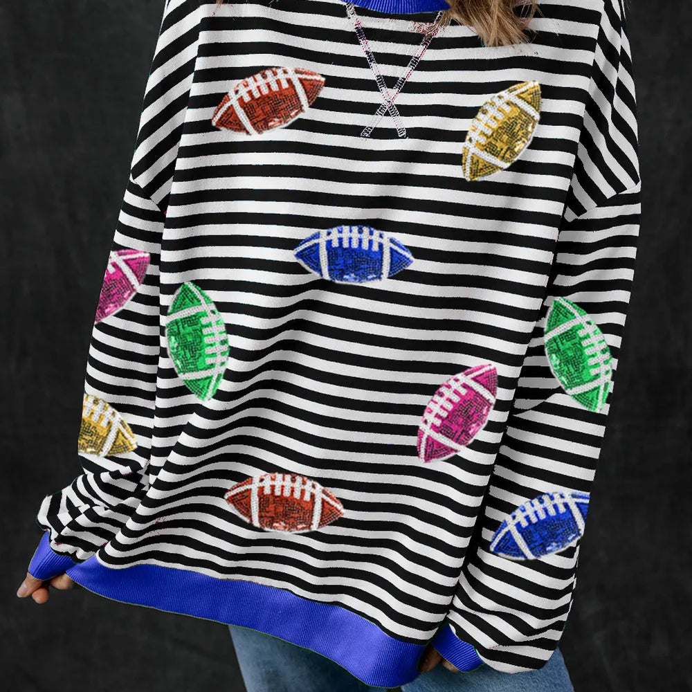 Sequin Football Striped Round Neck Long Sleeve Sweatshirt